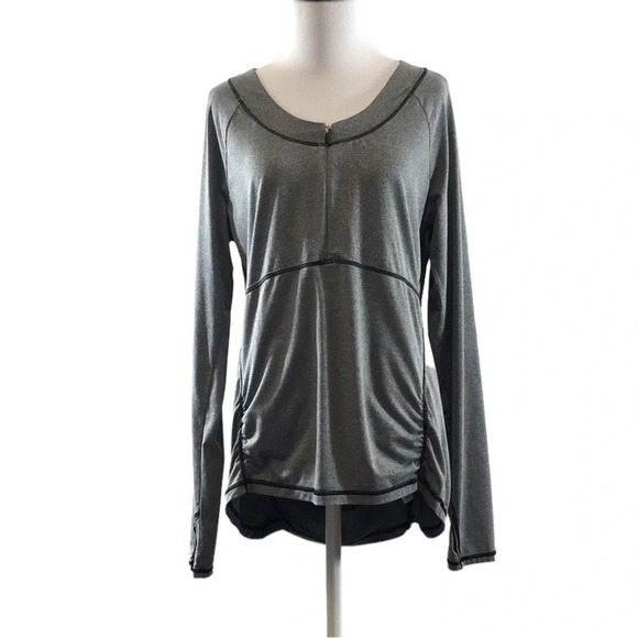 Athleta Heather Gray Ruched Half Zip Long Sleeve Tee Womens Large Running - Picture 1 of 14